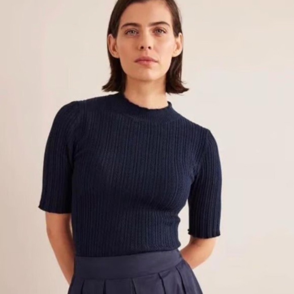 Boden Pointelle Ribbed Scalloped Black Knit Short Sleeve Sweater Mock Neck